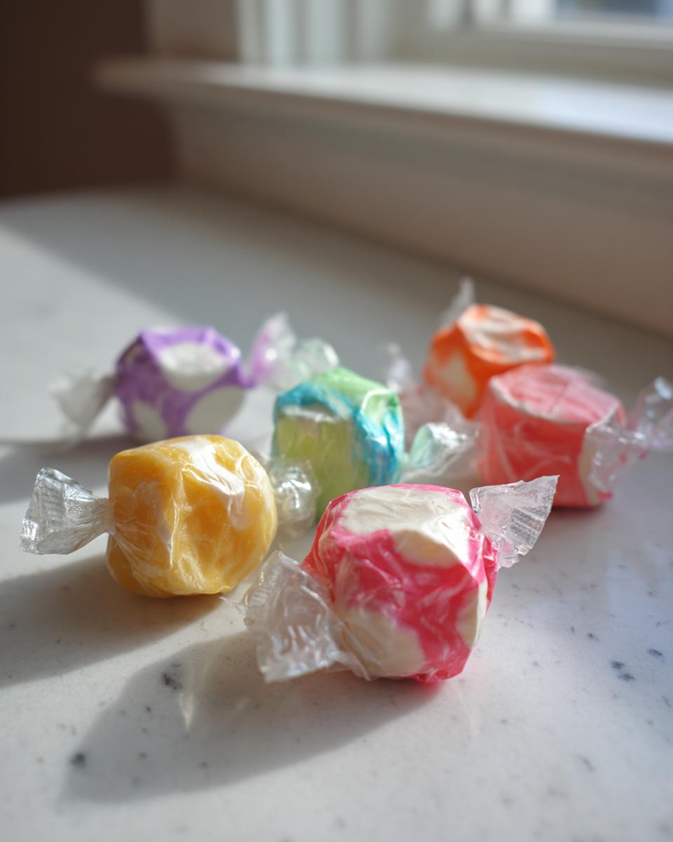 Close-up of several colorful, individually wrapped pieces of homemade salt water taffy resting on a light countertop near a window.