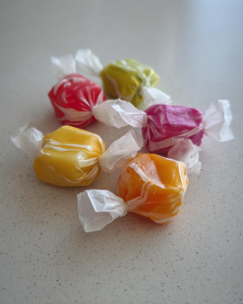 Five pieces of colorful, individually wrapped homemade salt water taffy resting on a light speckled countertop.