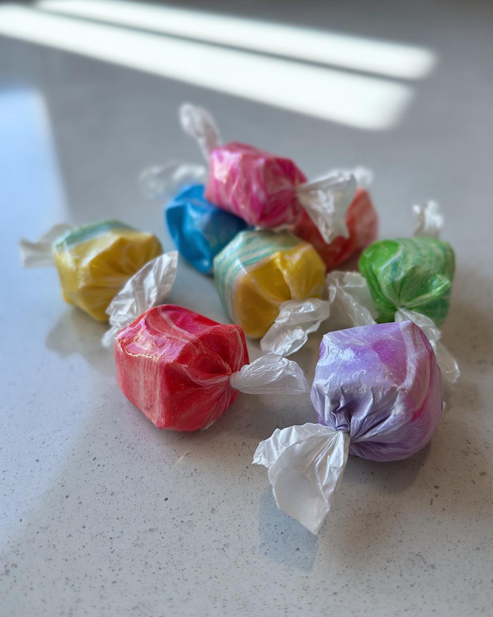 A small pile of brightly colored, individually wrapped salt water taffy candies resting on a light gray countertop.