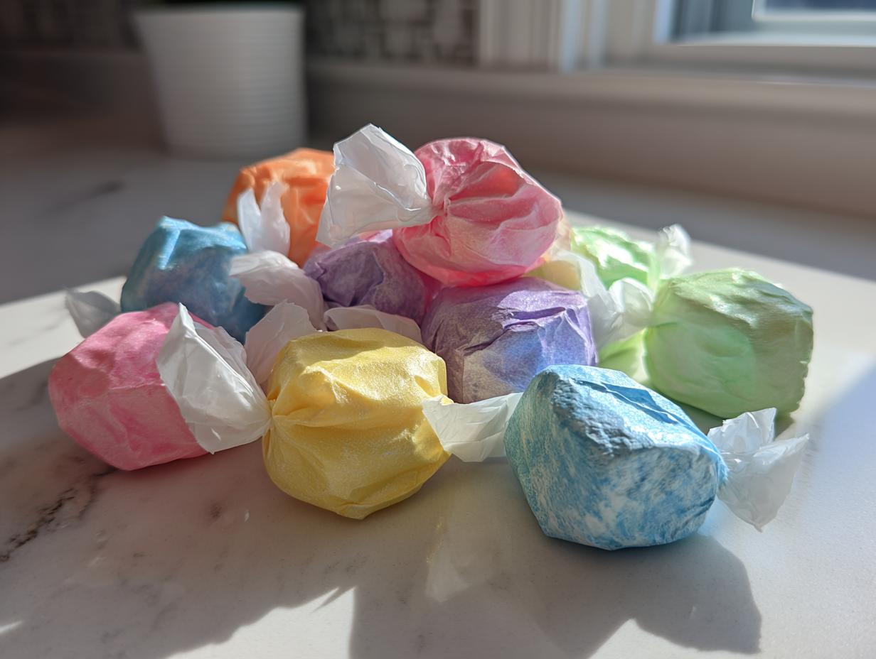 A pile of brightly colored, individually wrapped salt water taffy candies sitting on a white marble surface in bright sunlight.