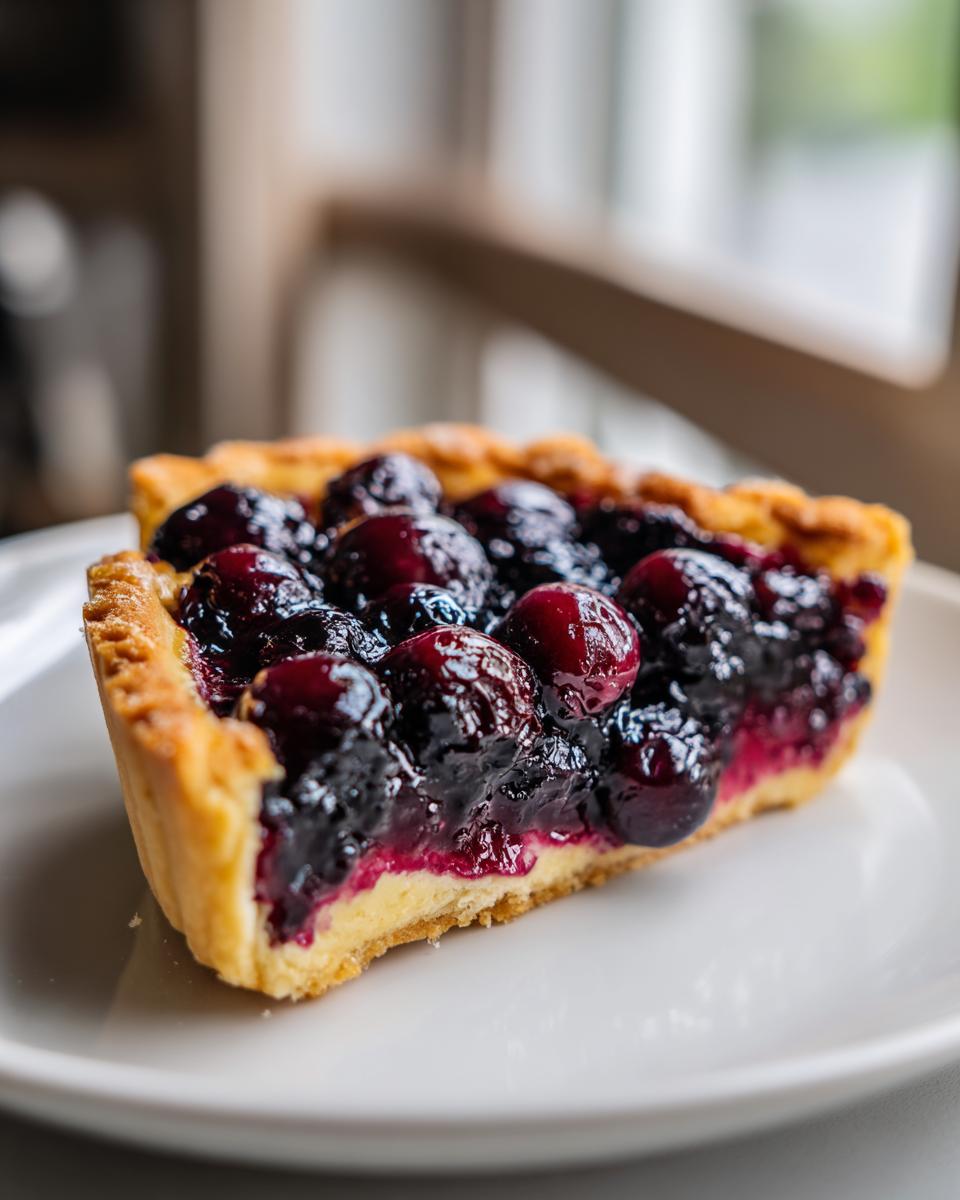Close-up of a single slice of Concord grape tart showing the golden crust and dark, glossy grape filling.