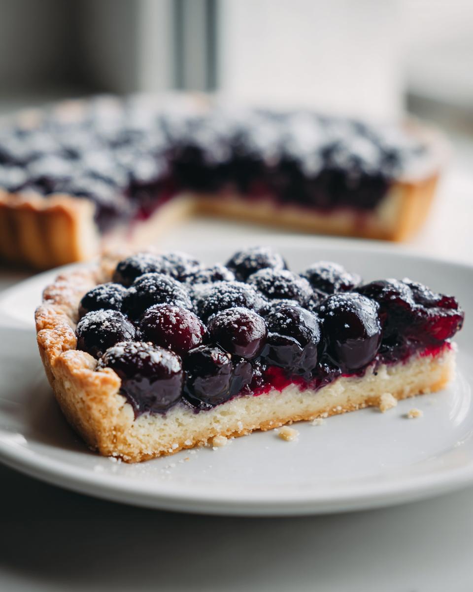 A close-up slice of Concord grape tart dusted with powdered sugar on a white plate.