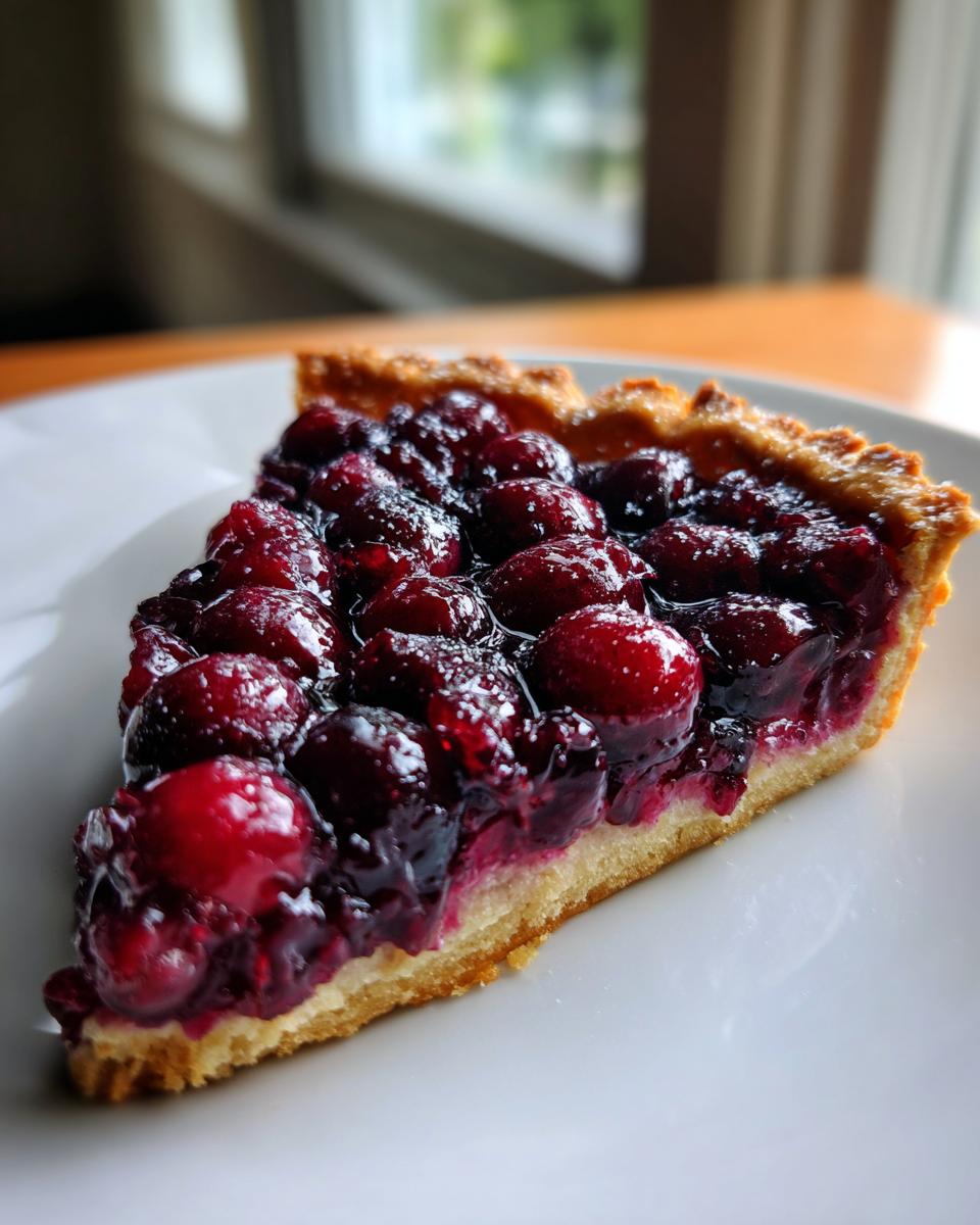 A close-up of a glistening slice of Concord grape tart showing the deep purple fruit filling and golden crust.