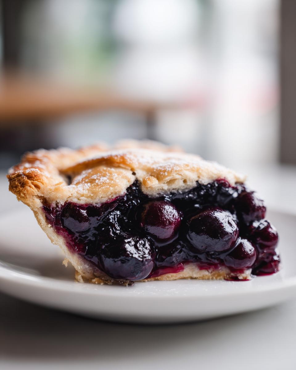 Close-up of a slice of Concord grape tart showing plump, dark purple grapes filling and a flaky crust dusted with powdered sugar.