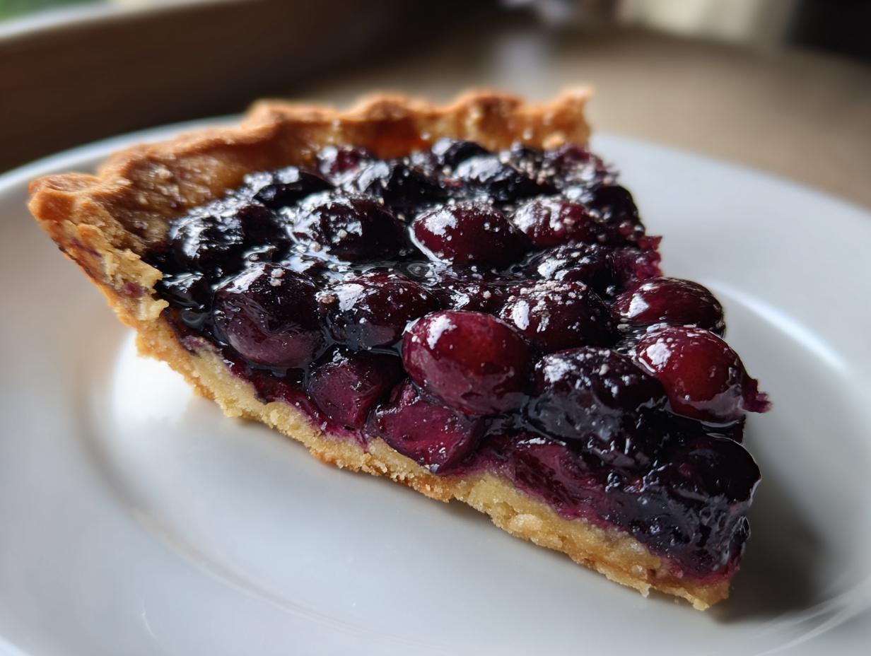Close-up of a glistening slice of Concord grape tart showing the deep purple fruit filling and golden crust.