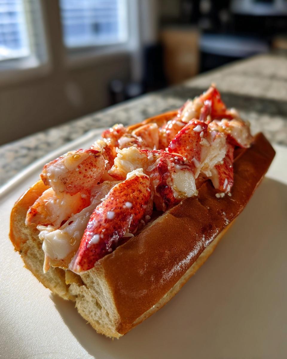 A close-up of a Connecticut warm butter lobster roll overflowing with bright red and white lobster meat in a toasted bun.