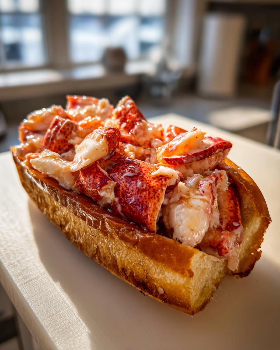 Close-up of a Connecticut warm butter lobster roll overflowing with bright red and white lobster meat inside a toasted, buttered split-top bun.