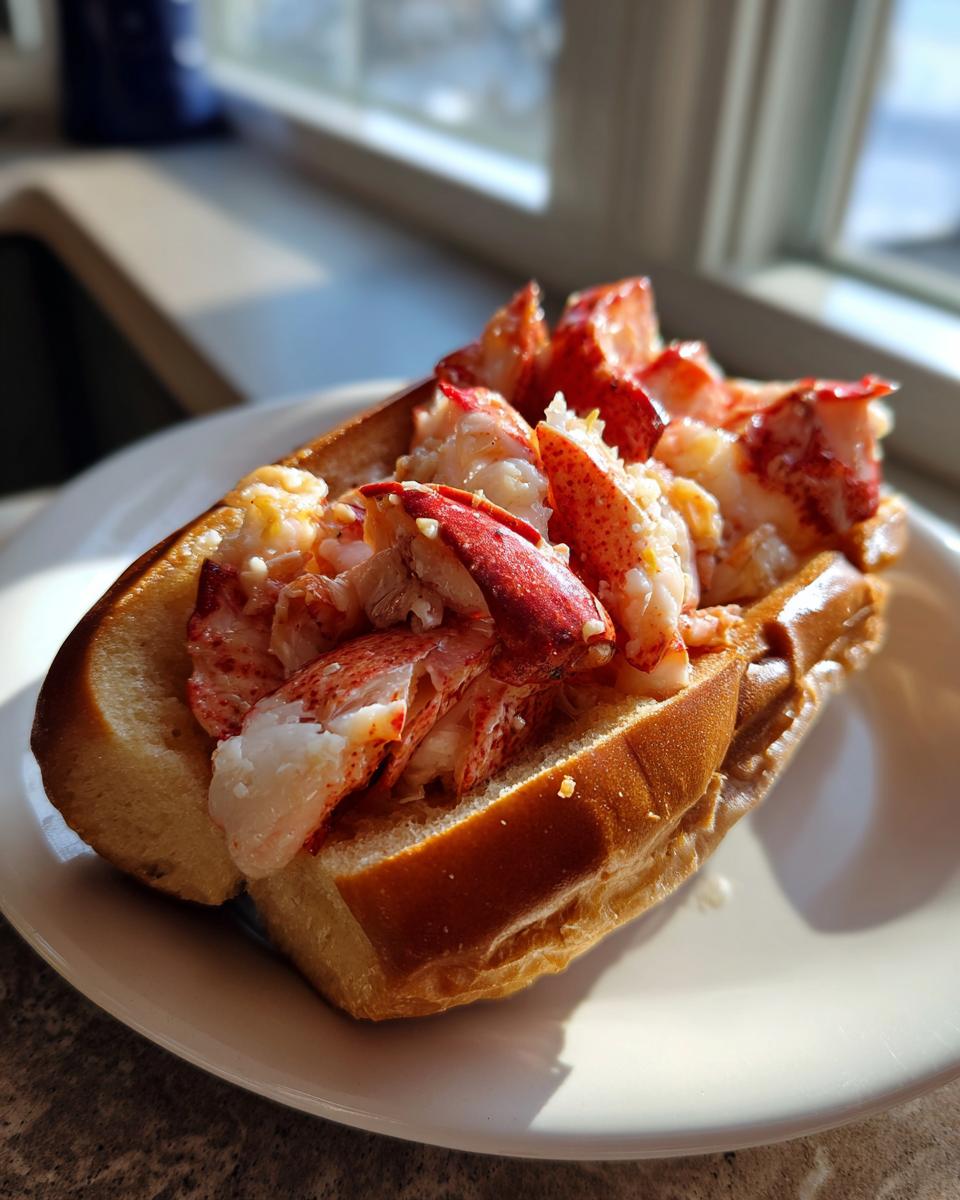 Close-up of a Connecticut warm butter lobster roll overflowing with bright red and white lobster meat on a toasted bun.
