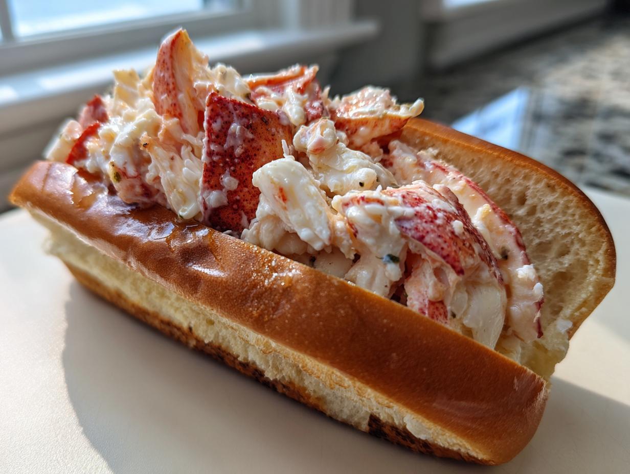A close-up of a Connecticut warm butter lobster roll overflowing with chunks of lobster meat in a buttered, toasted split-top bun.