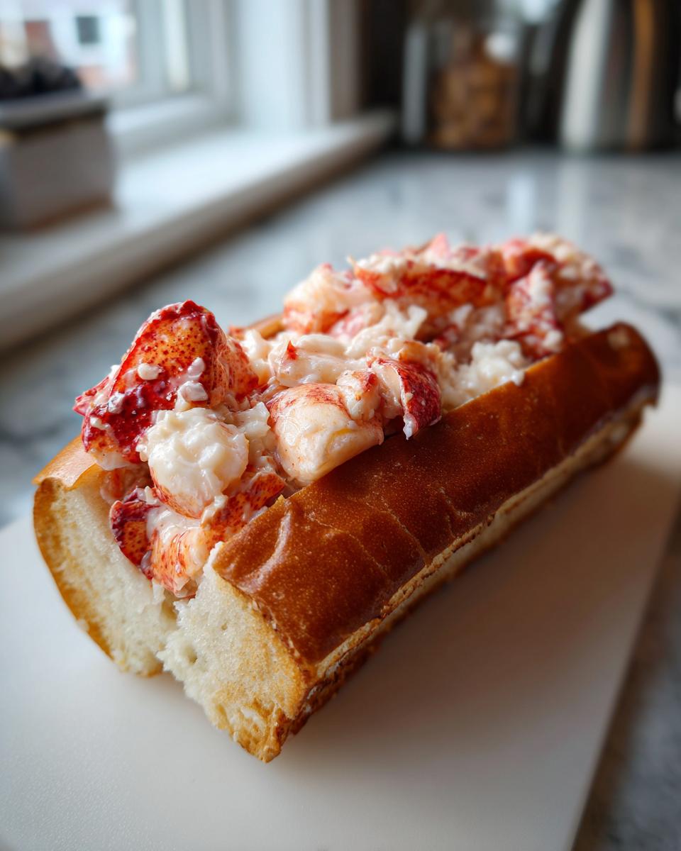 A close-up of a perfectly buttered and toasted bun filled high with chunks of bright red and white lobster meat for a Connecticut warm butter lobster roll.