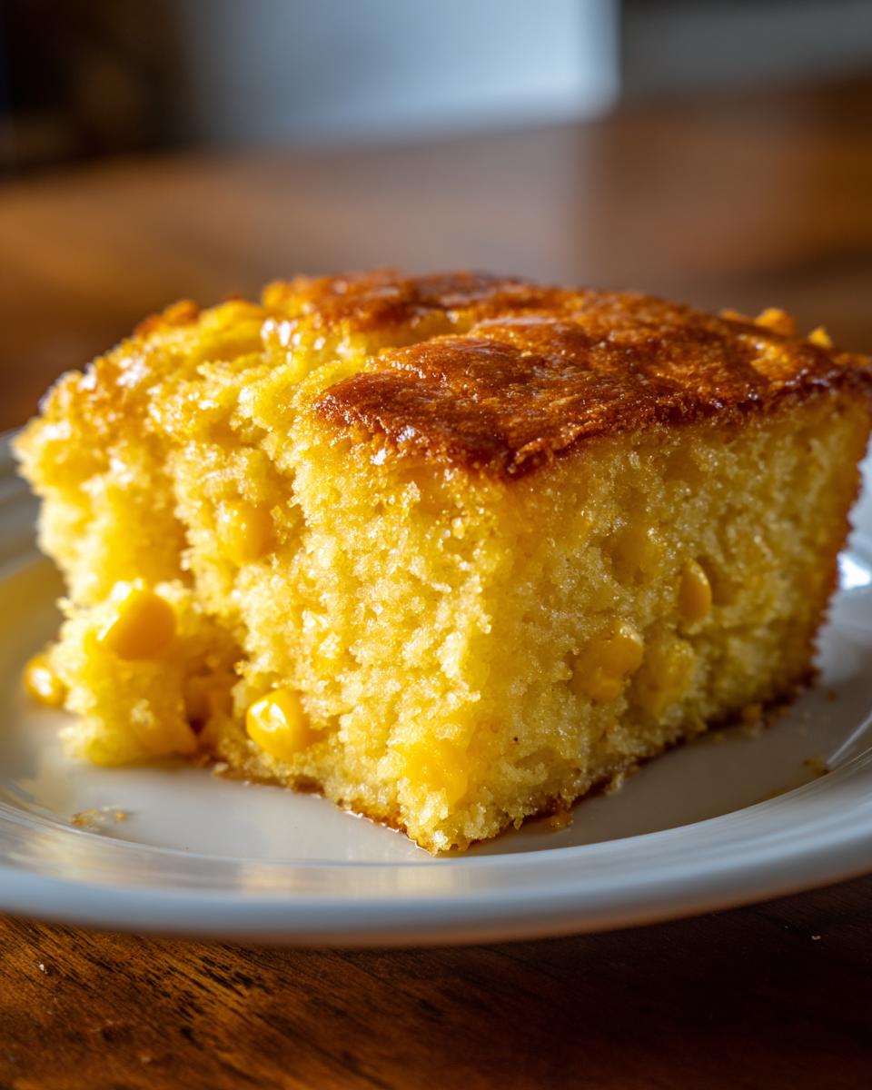 Close-up of a moist, golden slice of corn pudding featuring whole corn kernels, served on a white plate.