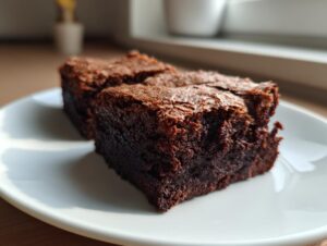 Two rich, dark chocolate Cottage Cheese Brownie squares with shiny, crackly tops served on a white plate.