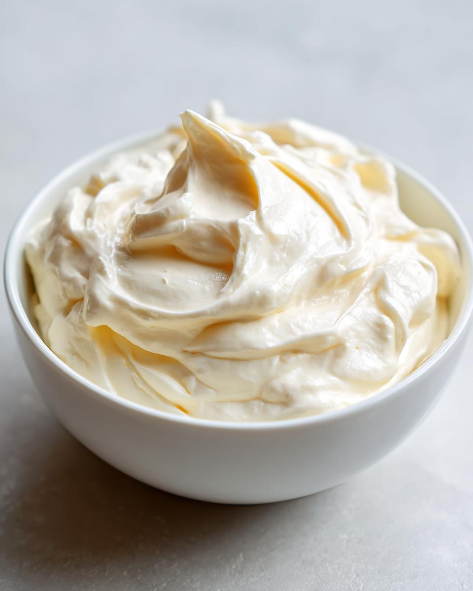 Close-up of fluffy, pale yellow Cottage Cheese Vanilla Mousse swirled high in a small white bowl.