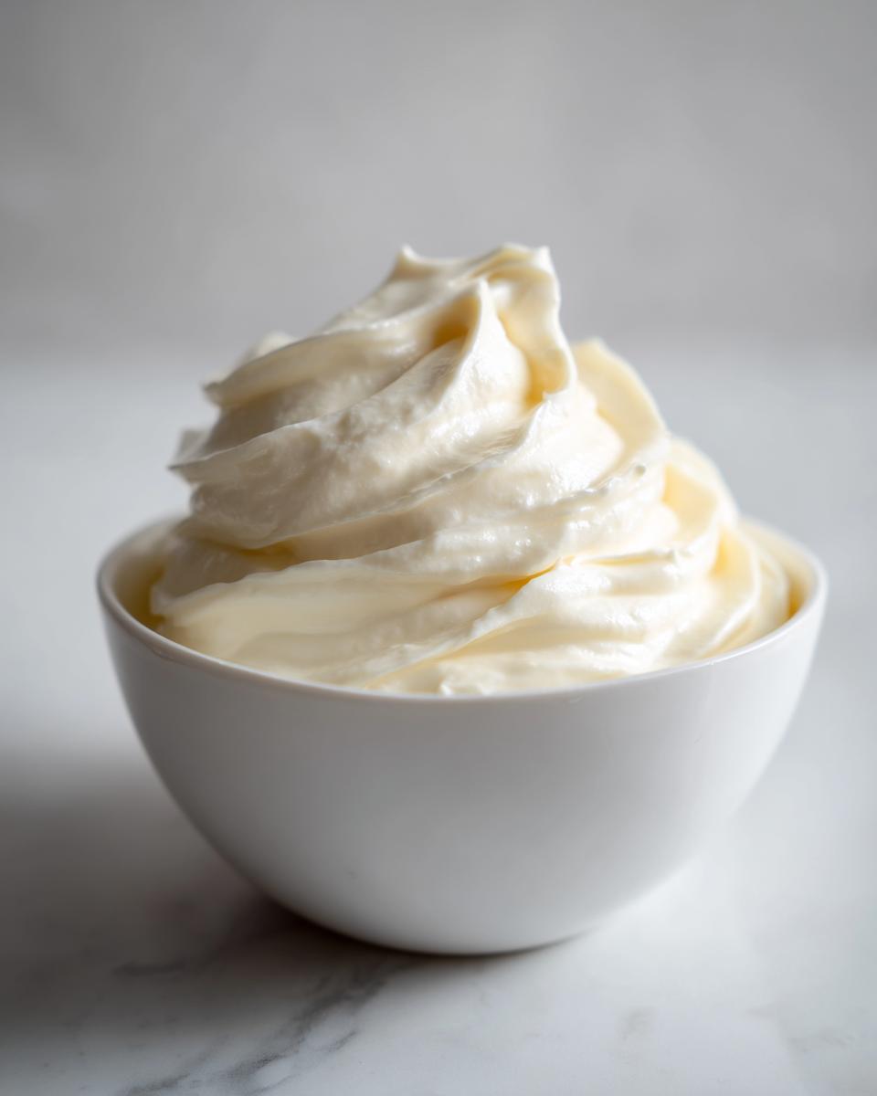 A close-up of light, fluffy Cottage cheese vanilla mousse piped into a small white bowl.