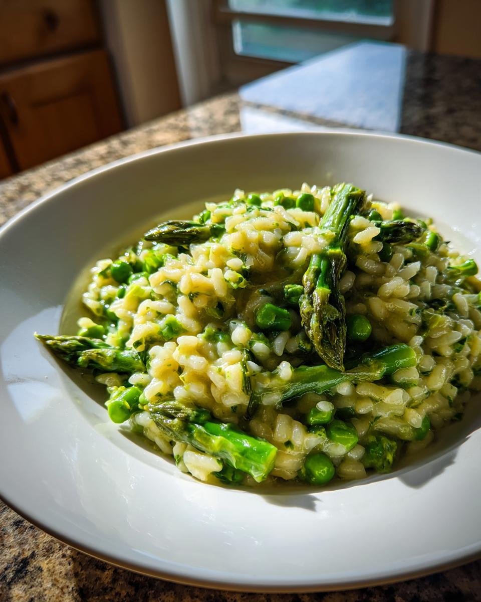 A close-up of creamy Asparagus Risotto mixed with bright green peas, served in a white bowl.