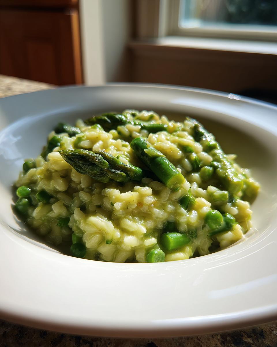 A close-up of creamy Asparagus Risotto topped with bright green asparagus spears in a white bowl.