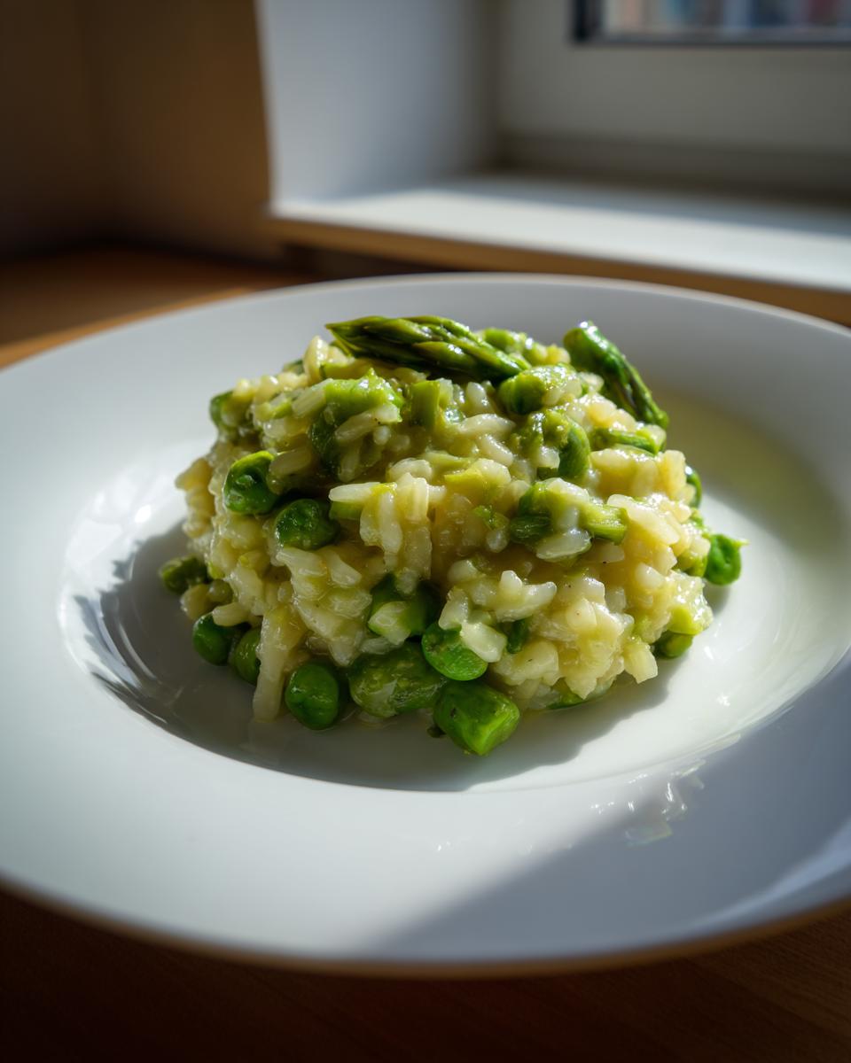 A close-up serving of creamy asparagus risotto mixed with bright green peas, garnished with asparagus tips.
