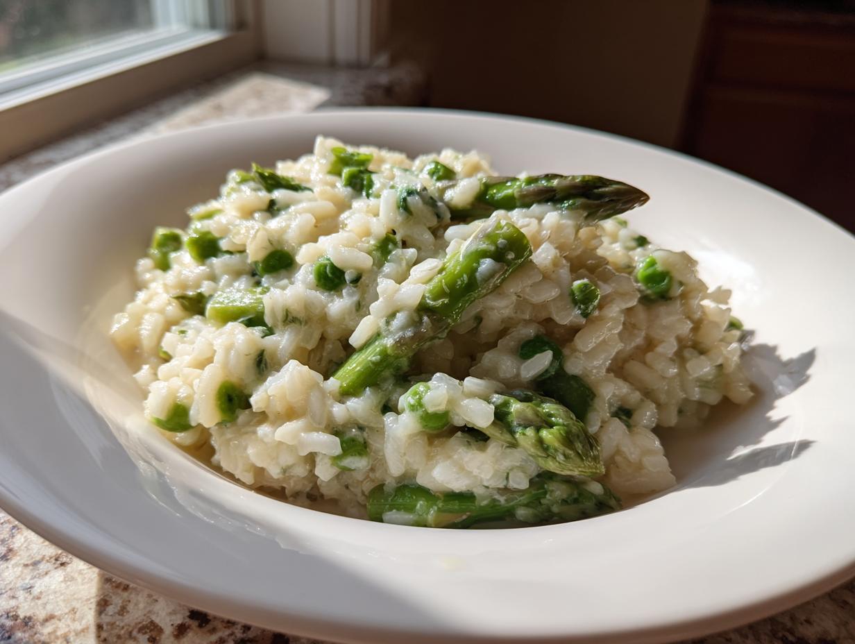 A close-up of creamy Asparagus Risotto mixed with bright green peas served in a shallow white bowl.