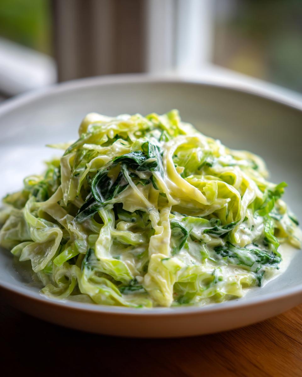 Close-up of a serving of Cabbage alfredo, featuring shredded cabbage and greens coated in a rich, white cream sauce.