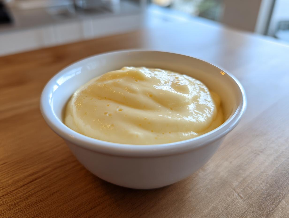 A close-up of thick, creamy homemade vanilla pudding served in a small white bowl on a wooden surface.