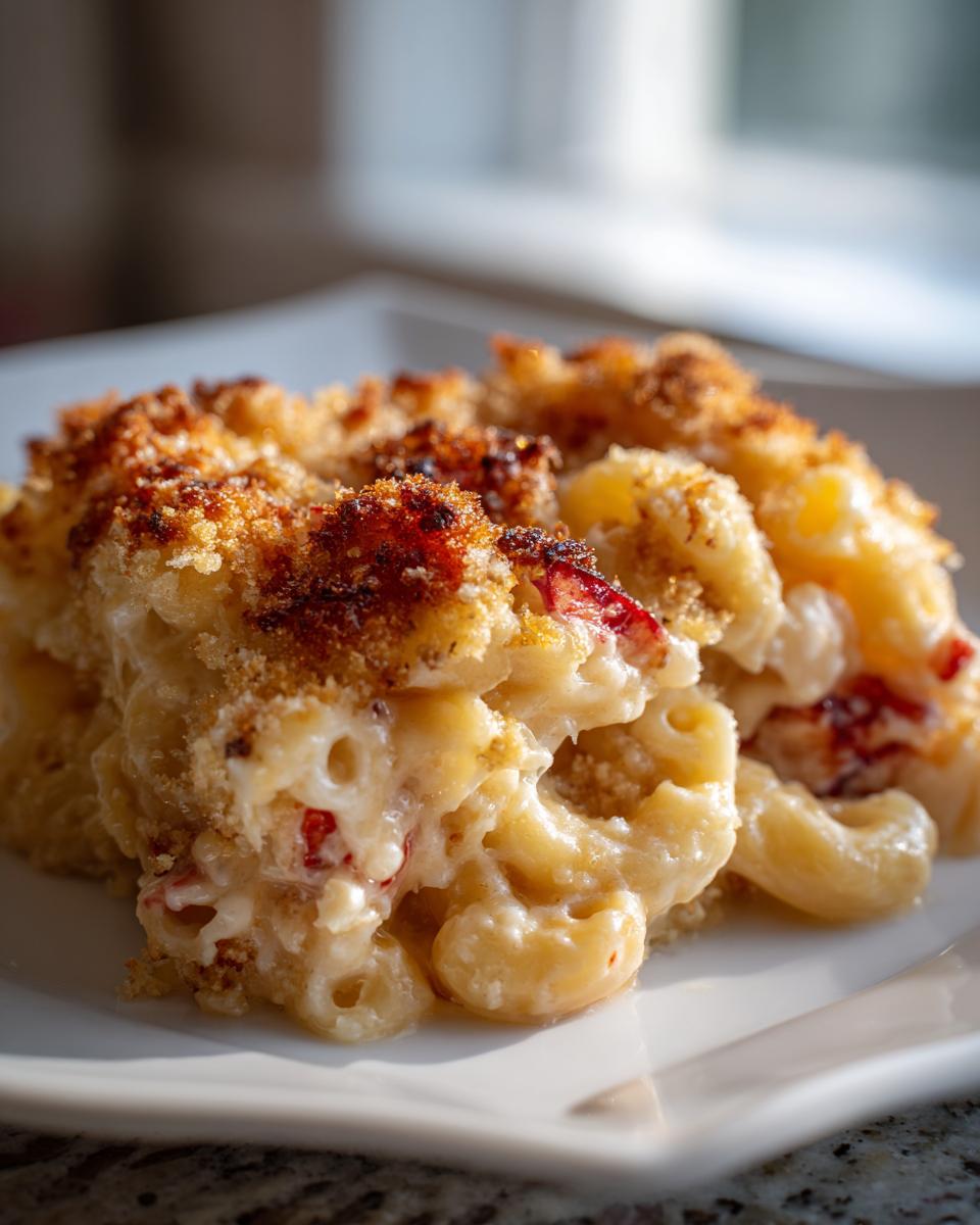 Close-up of a creamy serving of Lobster mac and cheese with a golden, crunchy breadcrumb topping.