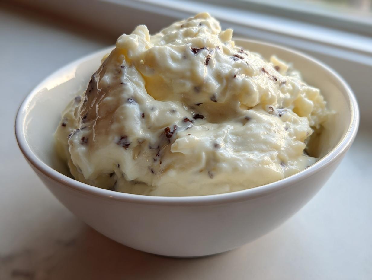 A close-up of creamy Vanilla bean rice pudding speckled with dark vanilla seeds, served in a white bowl.