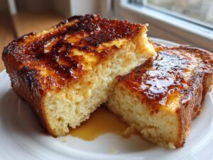 Two thick slices of Creme brulee french toast showing a caramelized top and soft interior, drizzled with syrup.
