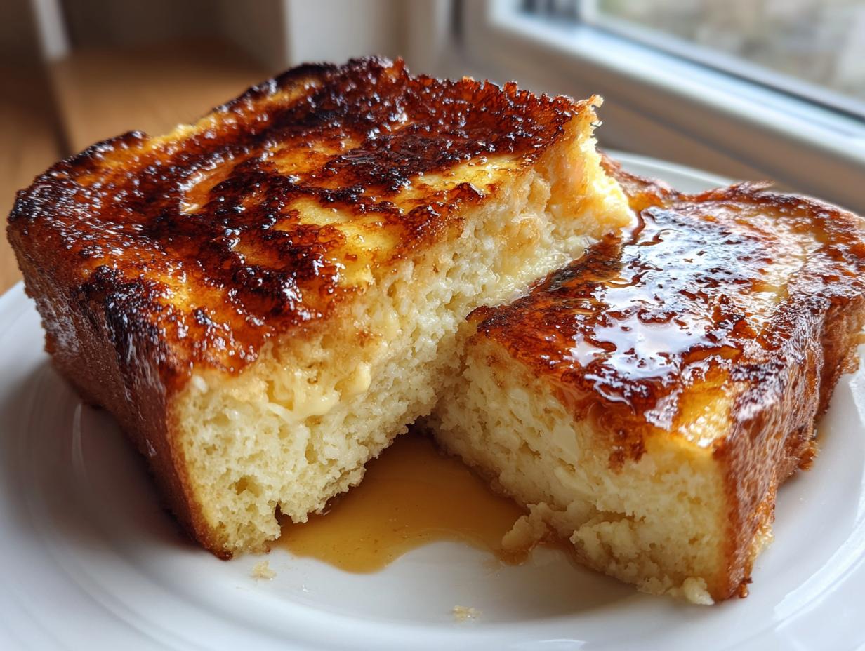 Two thick slices of Creme brulee french toast showing a caramelized top and soft interior, drizzled with syrup.