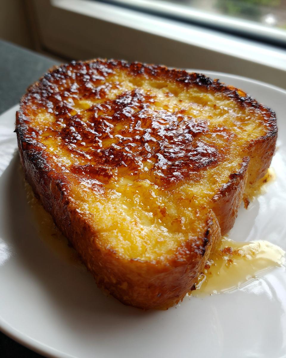 Close-up of a thick slice of Creme brulee french toast with a caramelized, glossy top.