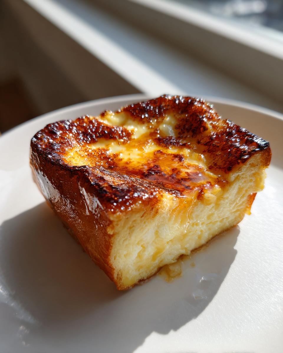 Close-up of a thick slice of Creme brulee french toast showing a rich, creamy interior and a perfectly caramelized, crackly sugar top.