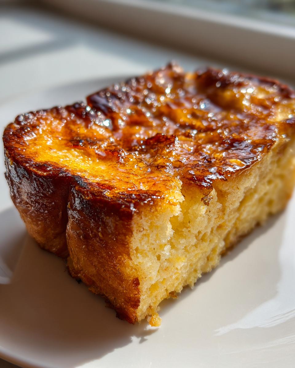 Close-up of a thick slice of Creme brulee french toast with a shiny, caramelized sugar top.