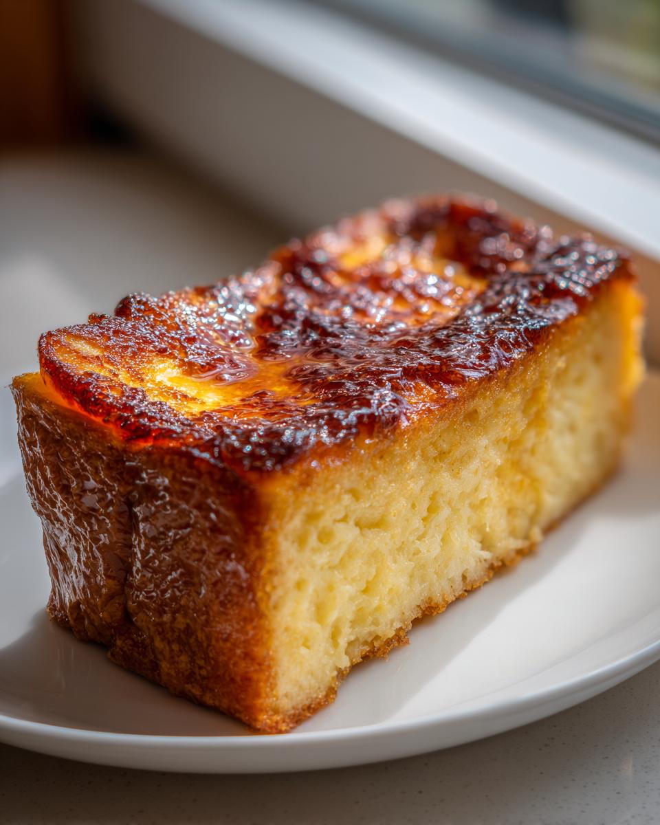 Close-up of a thick slice of Creme brulee french toast with a dark, caramelized, crunchy sugar topping.