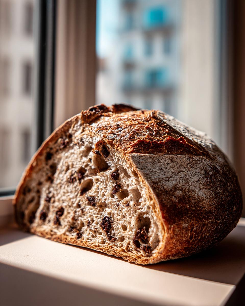 A rustic, crusty loaf of cocoa nib sourdough bread, cut to show the open crumb dotted with dark cocoa nibs.