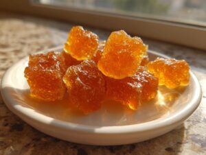 Close-up of crystallized, amber-colored Honey Gummy Bear pieces piled on a small white saucer, catching the sunlight.