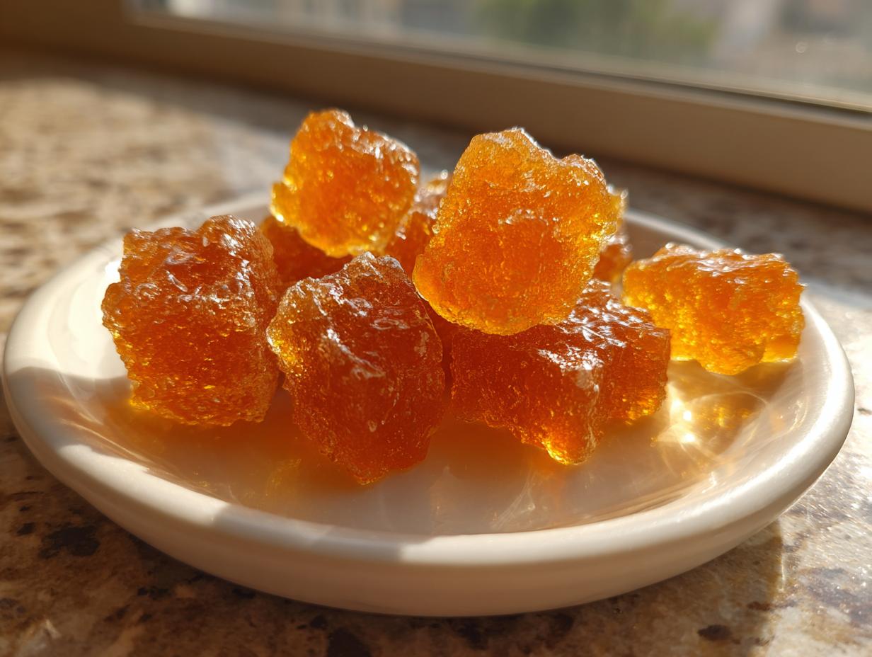 Close-up of crystallized, amber-colored Honey Gummy Bear pieces piled on a small white saucer, catching the sunlight.