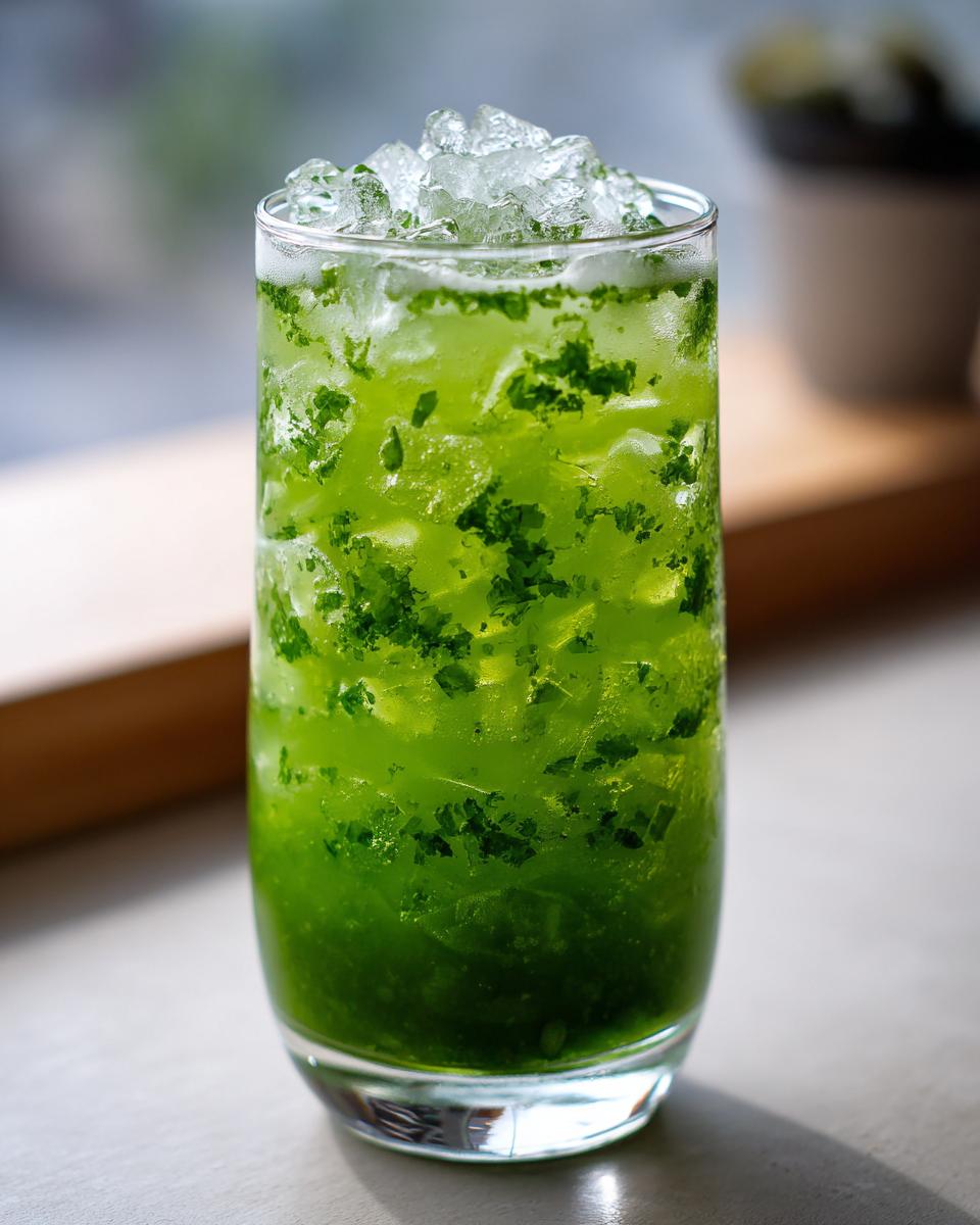 Tall glass filled with a vibrant green Cucumber Mint Cooler, packed with crushed ice and visible mint pieces.