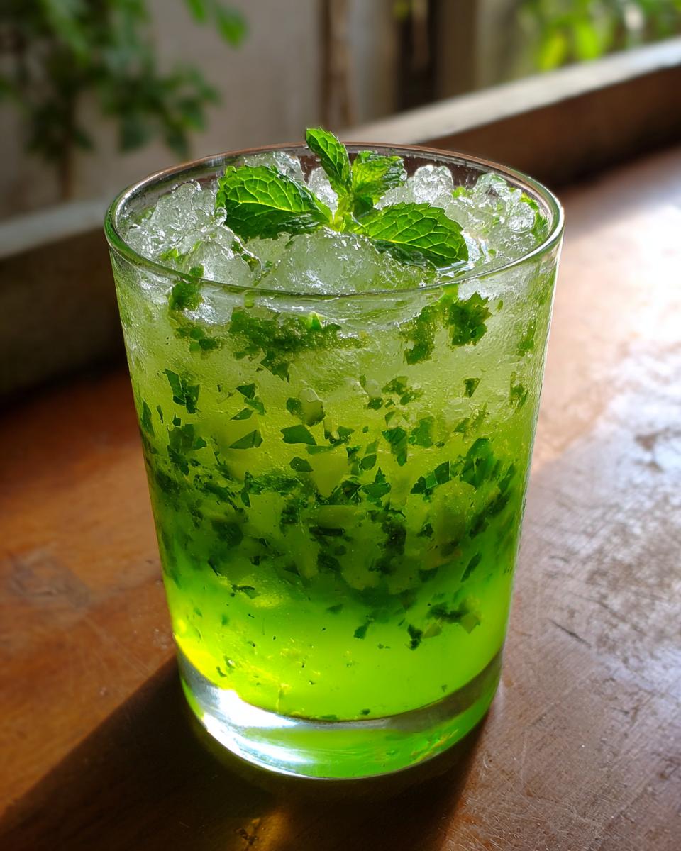 Close-up of a vibrant green Cucumber Mint Cooler filled with crushed ice and fresh mint leaves.