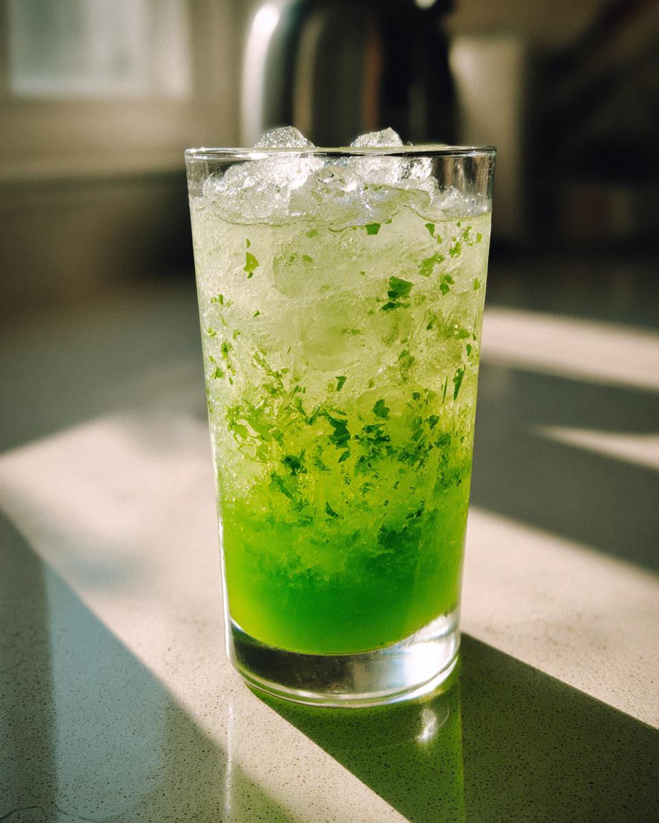 A tall glass filled with a vibrant green Cucumber Mint Cooler, topped with crushed ice and visible mint pieces.