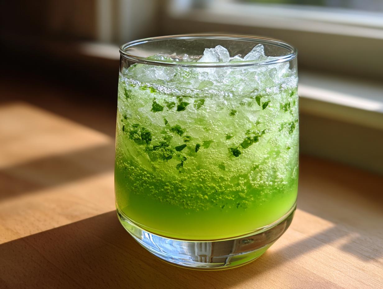 A vibrant green Cucumber Mint Cooler filled with crushed ice and finely chopped mint leaves, sitting on a wooden surface.