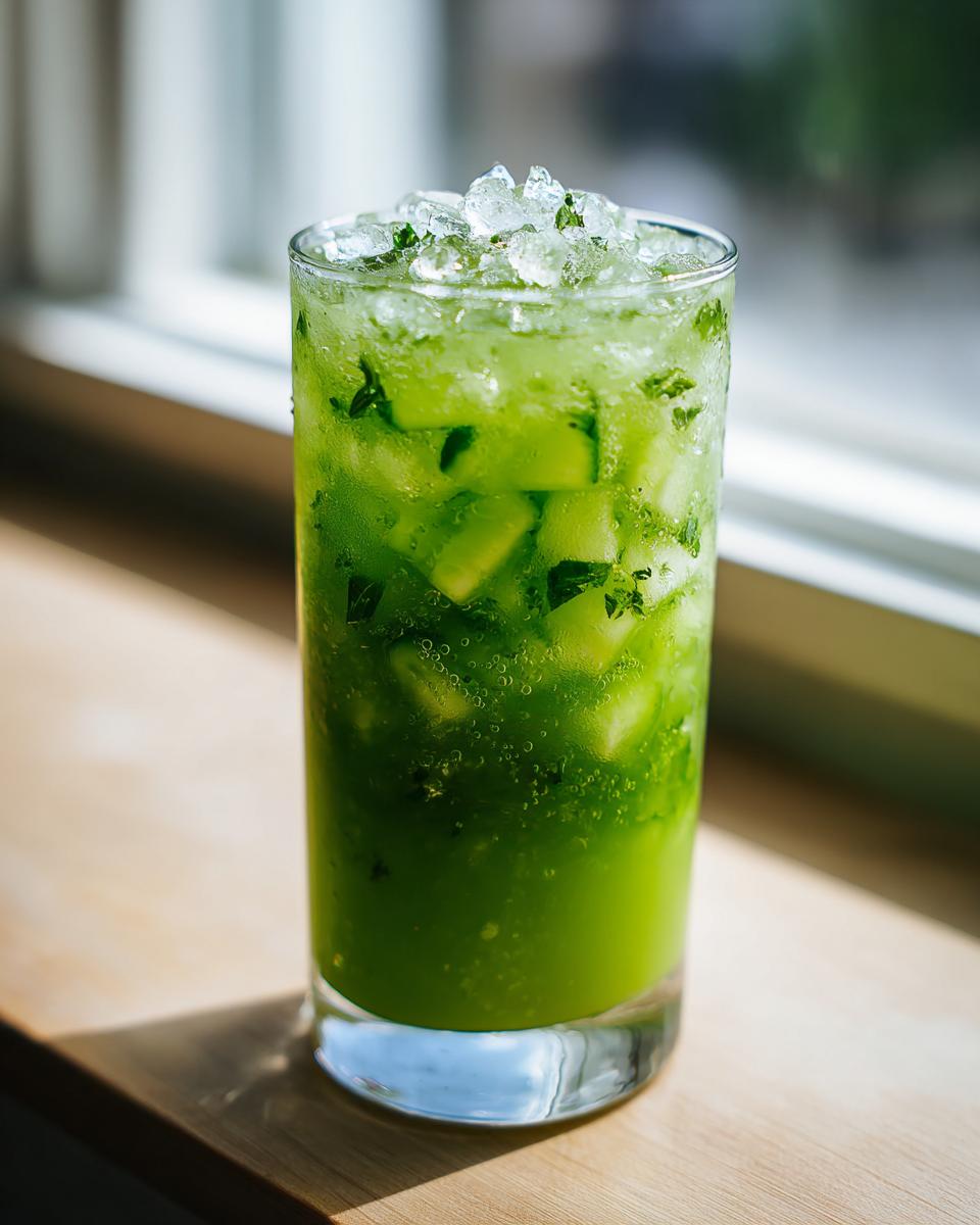 A tall glass filled with a vibrant green Cucumber Mint Cooler, packed with crushed ice, cucumber chunks, and mint leaves.