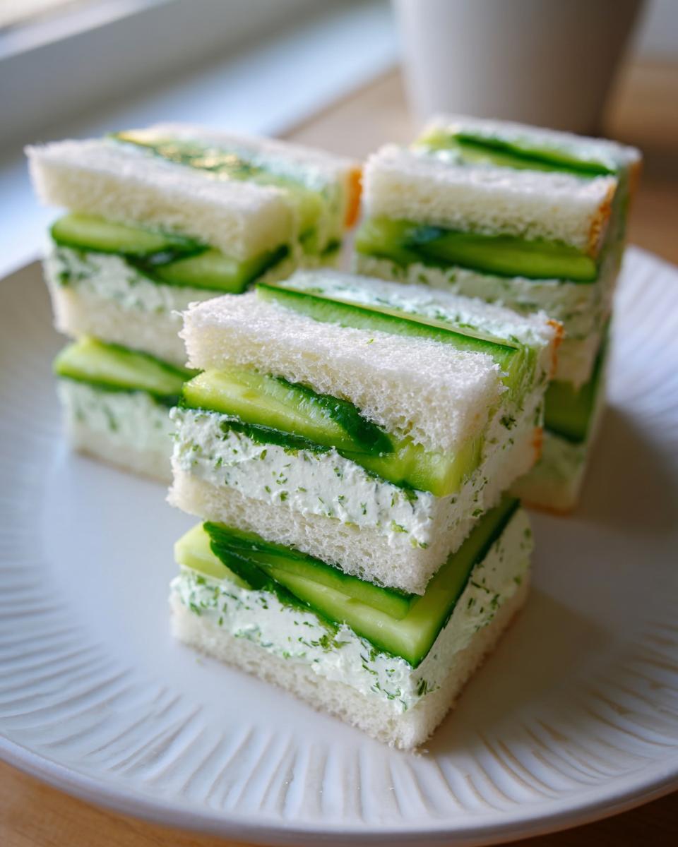 A stack of delicate, crustless cucumber sandwiches filled with cream cheese and fresh herbs, ready to serve.