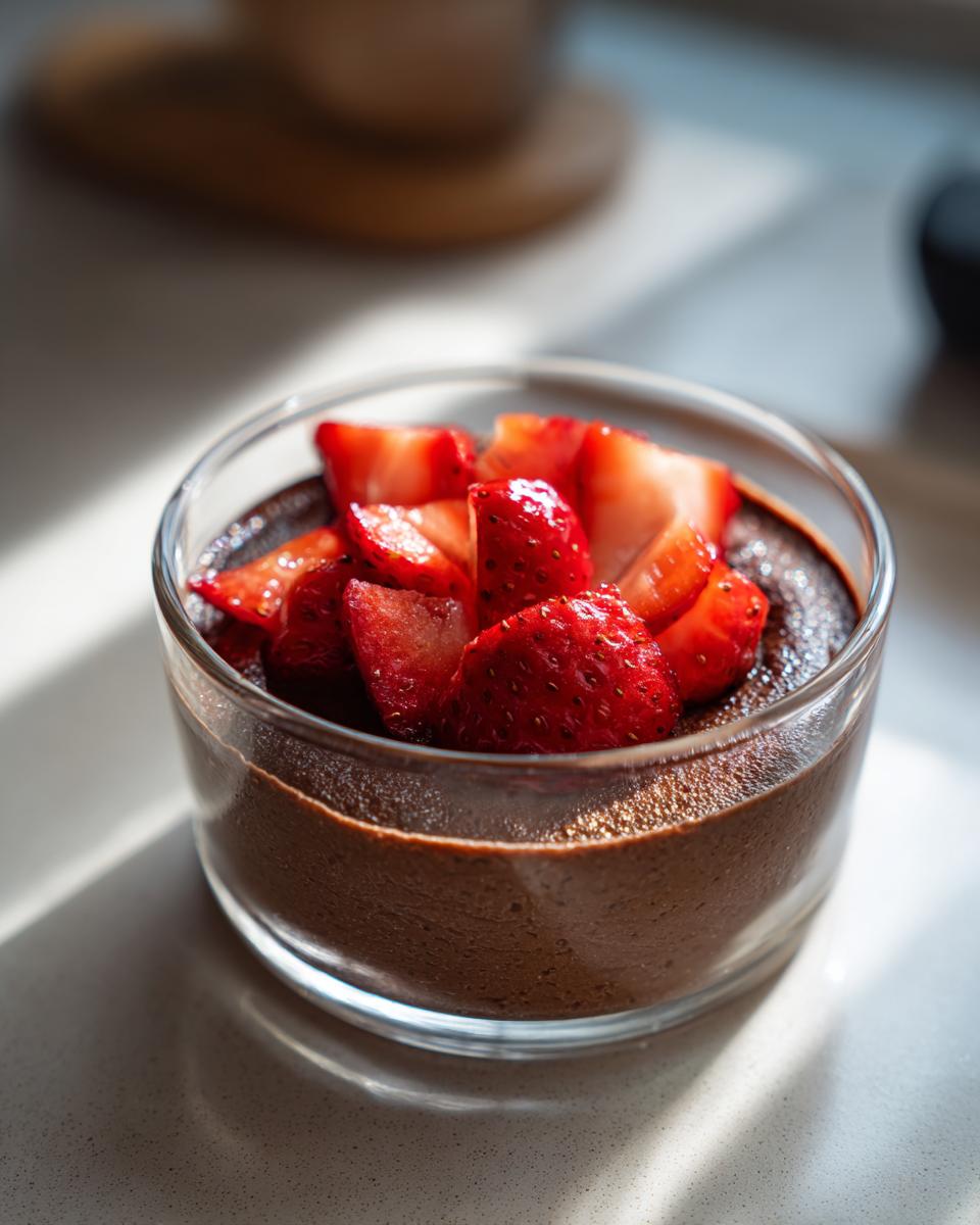 A small glass serving of rich dark chocolate mousse topped with sliced fresh strawberries.