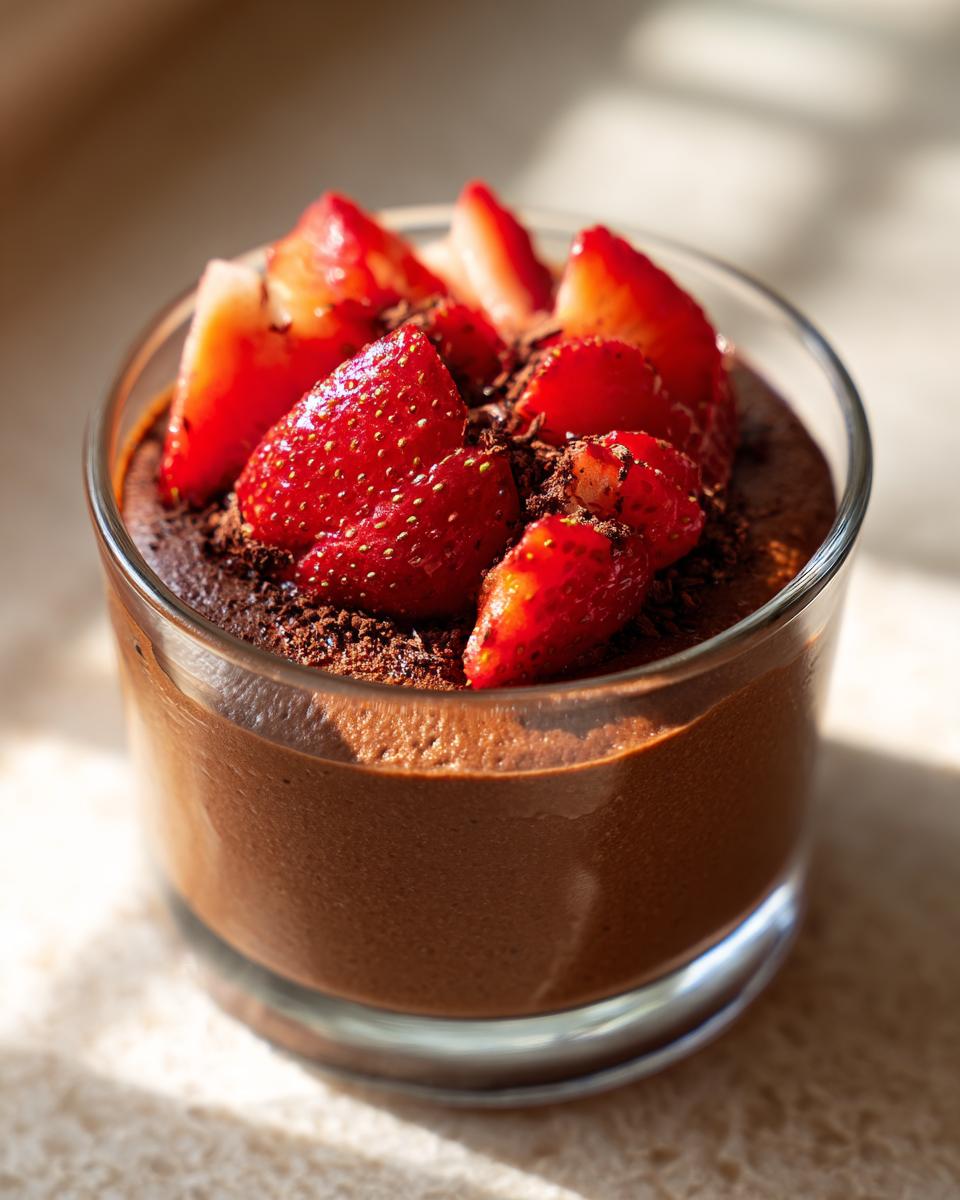 A glass serving of rich dark chocolate mousse topped with sliced fresh strawberries and chocolate shavings.
