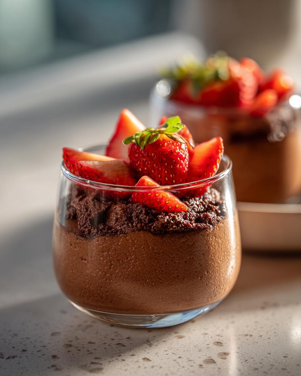 Close-up of a glass filled with rich dark chocolate mousse, topped with chocolate crumble and fresh sliced strawberries.