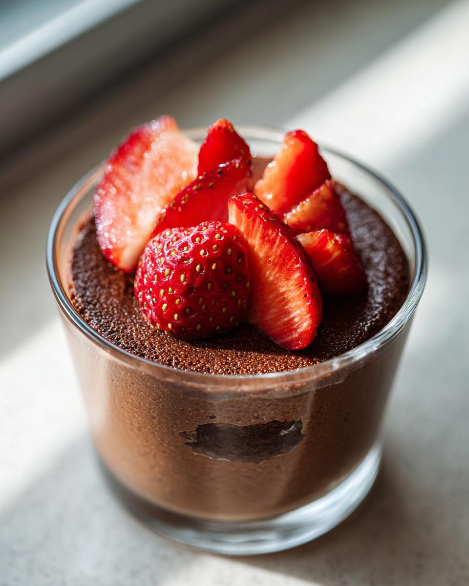 A glass of rich dark chocolate mousse topped with sliced fresh strawberries, beautifully lit by natural light.