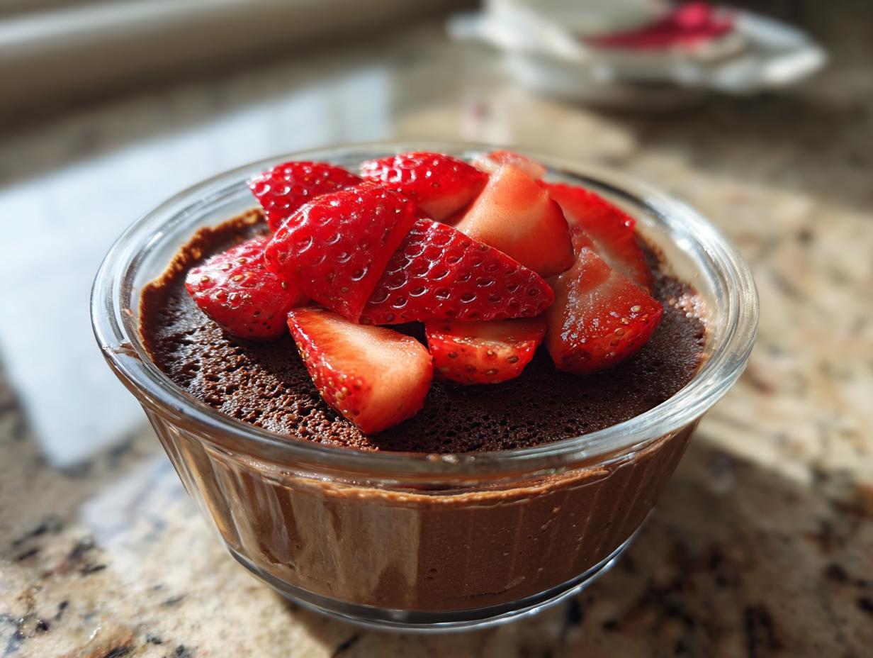 Close-up of a rich dark chocolate mousse served in a glass ramekin, topped with sliced fresh strawberries.