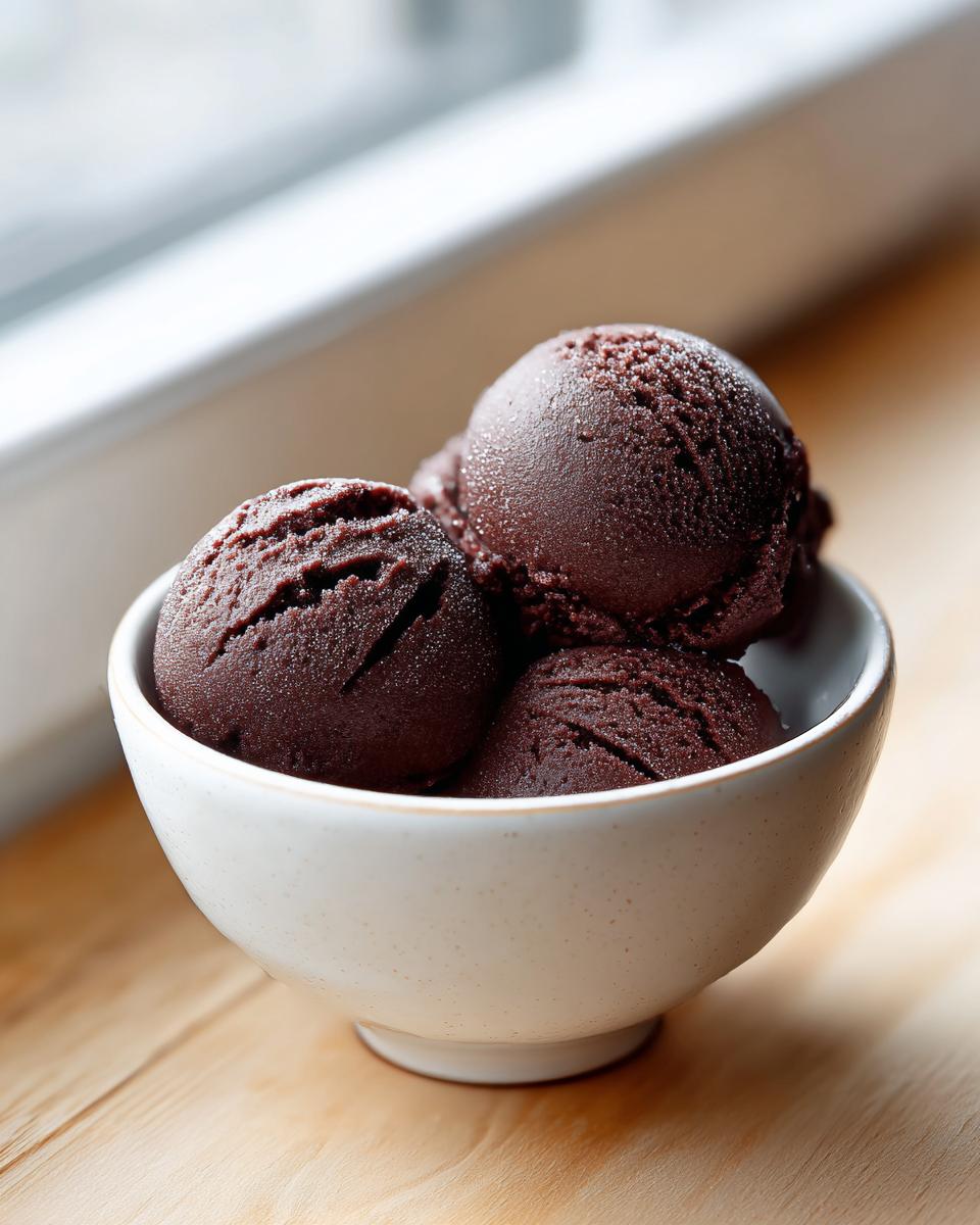 Three scoops of rich, dark chocolate sorbet glistening slightly in a small white bowl.