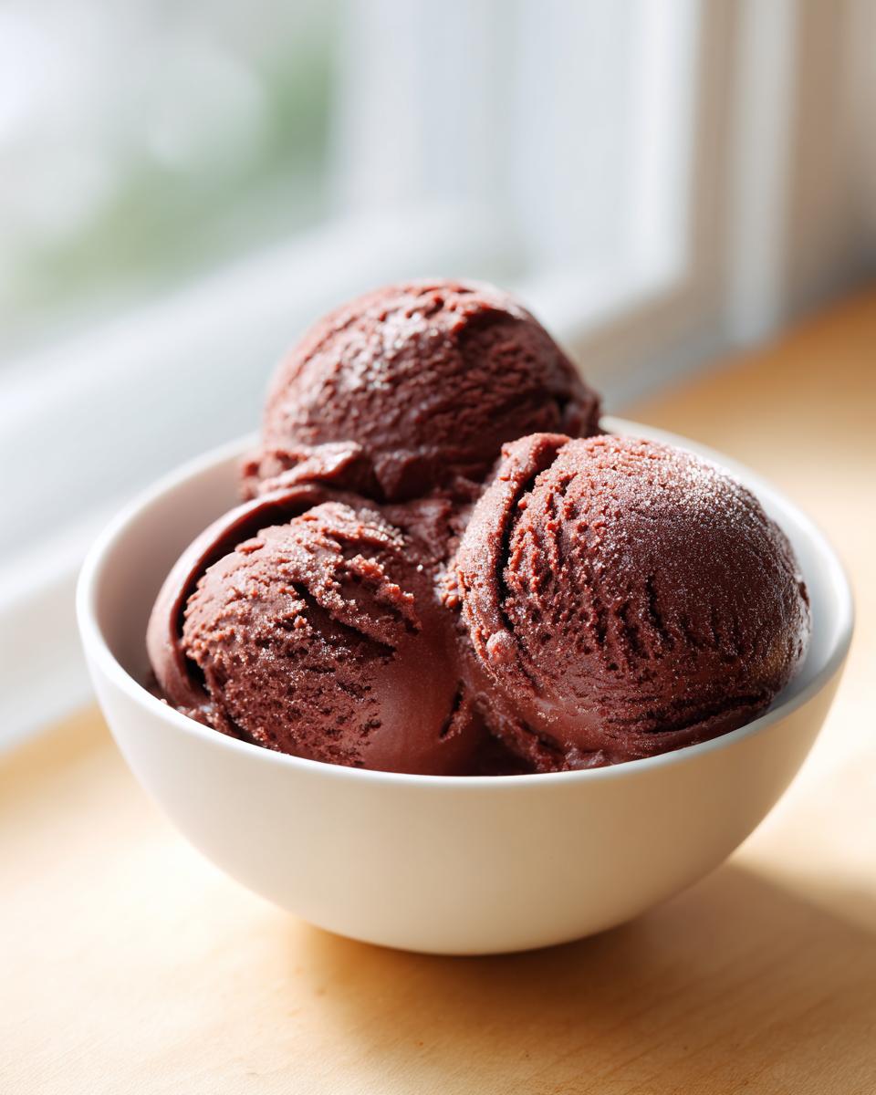 Three scoops of rich, dark chocolate sorbet served in a white bowl, backlit by a window.