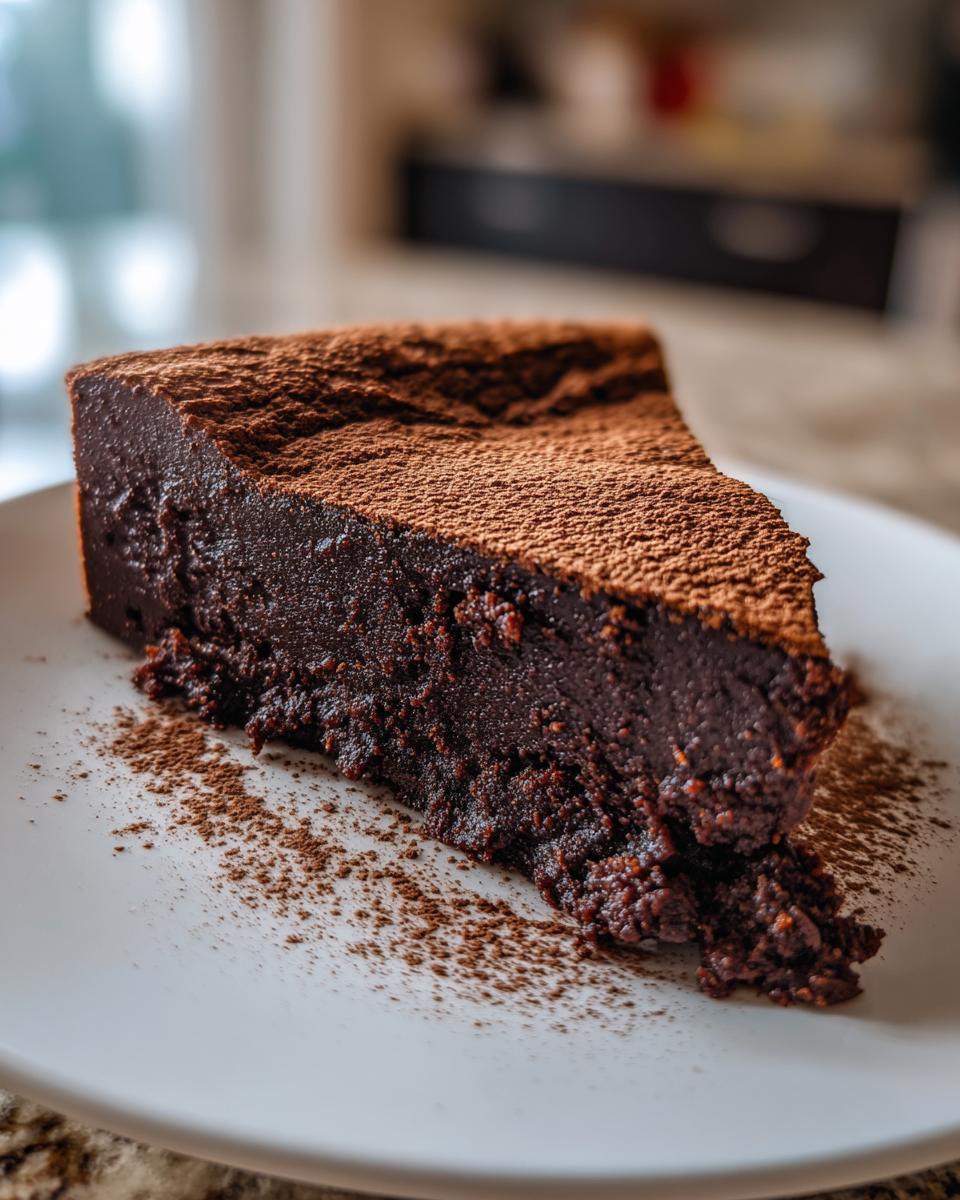 A rich, dense slice of flourless chocolate torte dusted heavily with cocoa powder, served on a white plate.