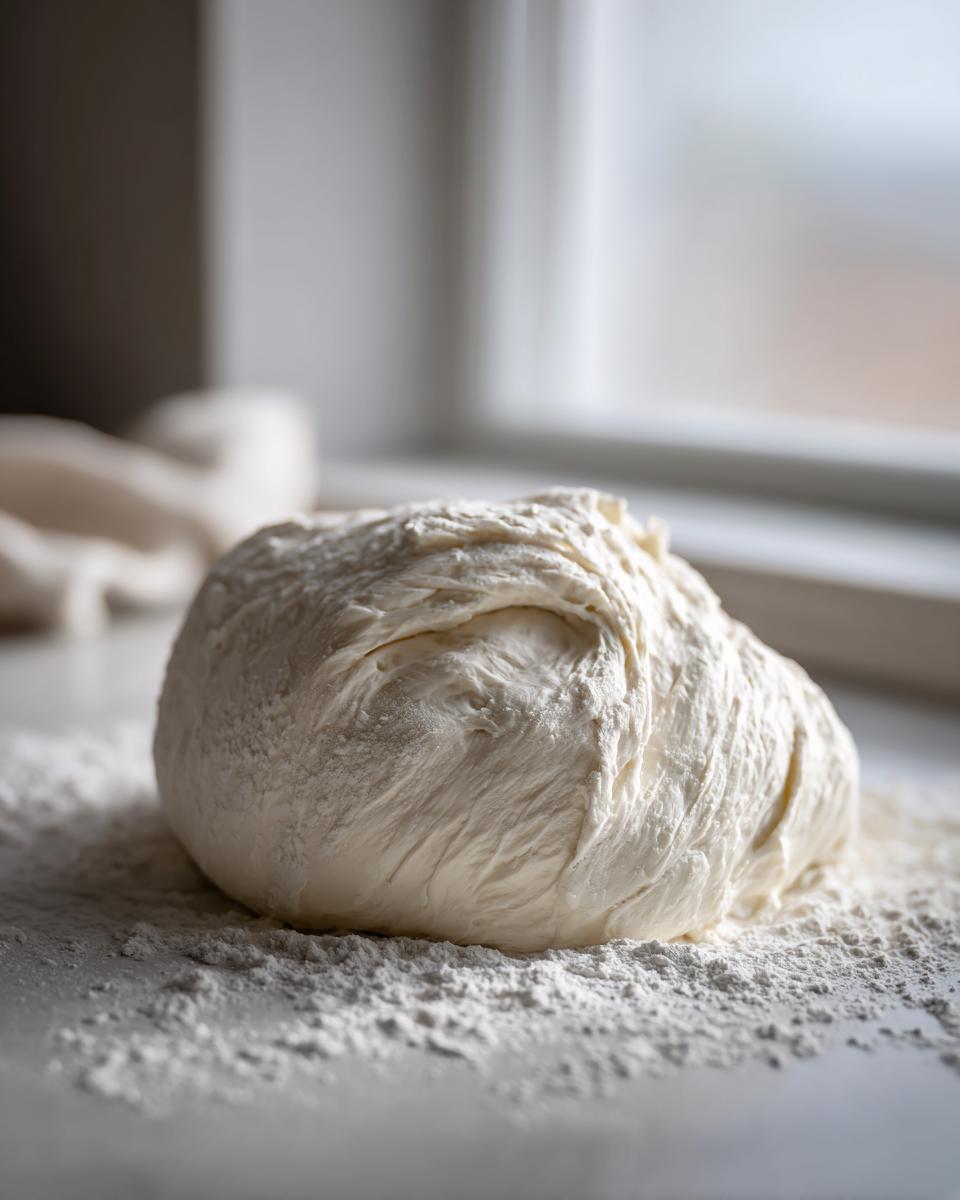 A smooth, round ball of white dough resting on a surface dusted heavily with flour, likely for making marshmallow fondant.